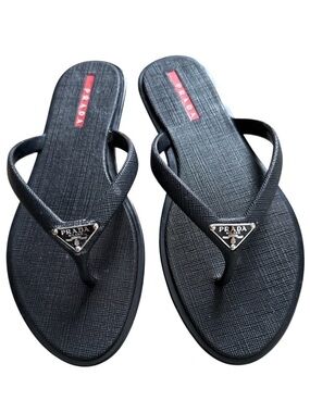 Prada Black Logo Triangle Thong Sandals